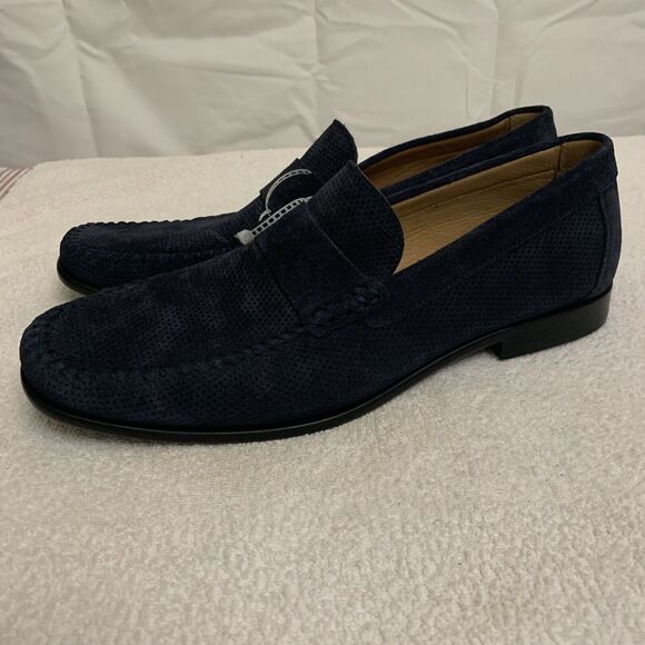 Flag Ltd Napa Glove Perforated Navy Suede Loafers Mens 10 Slip On New - Picture 2 of 6